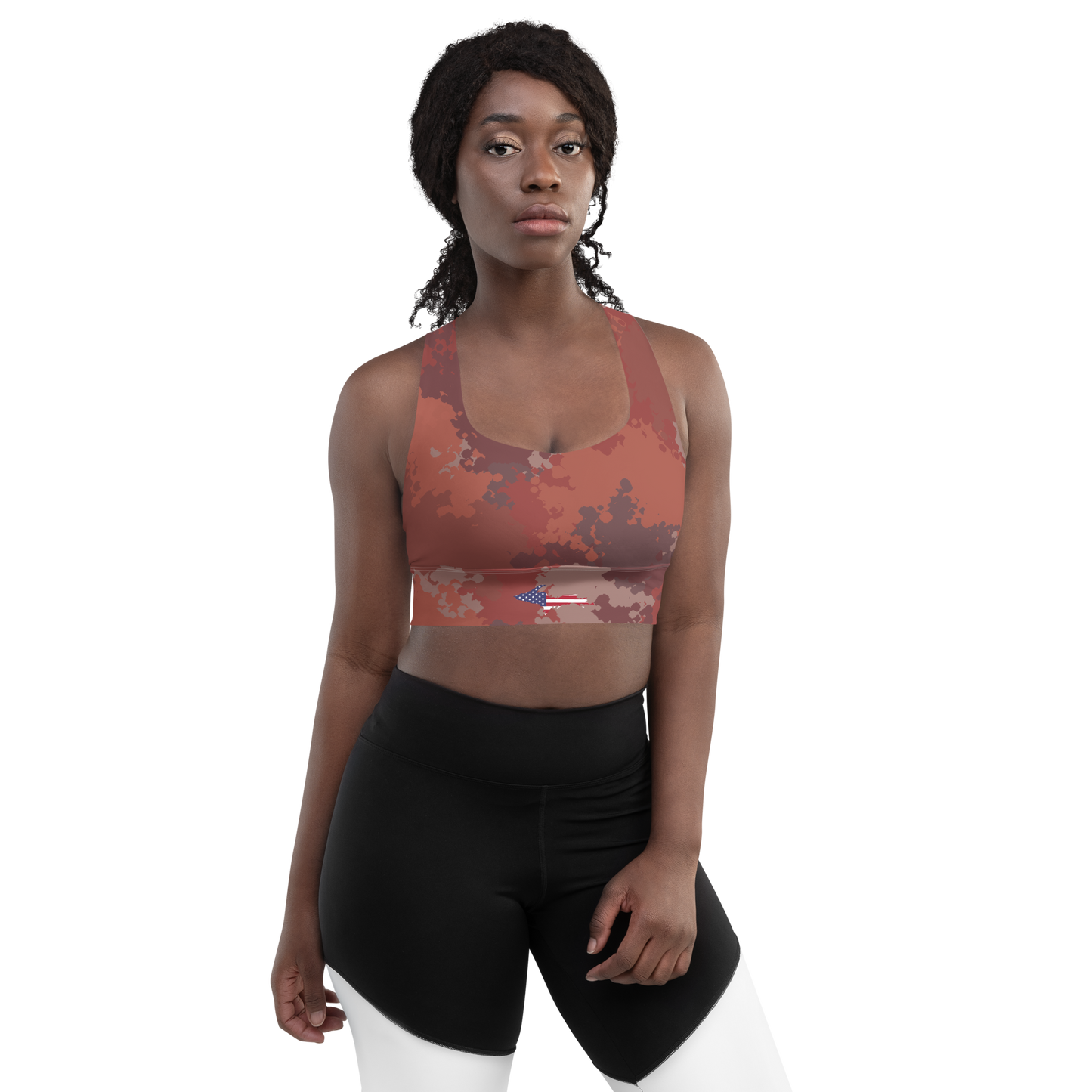 Michigan Upper Peninsula Longline Sports Bra (w/ UP USA Flag) | Ore Dock Camo