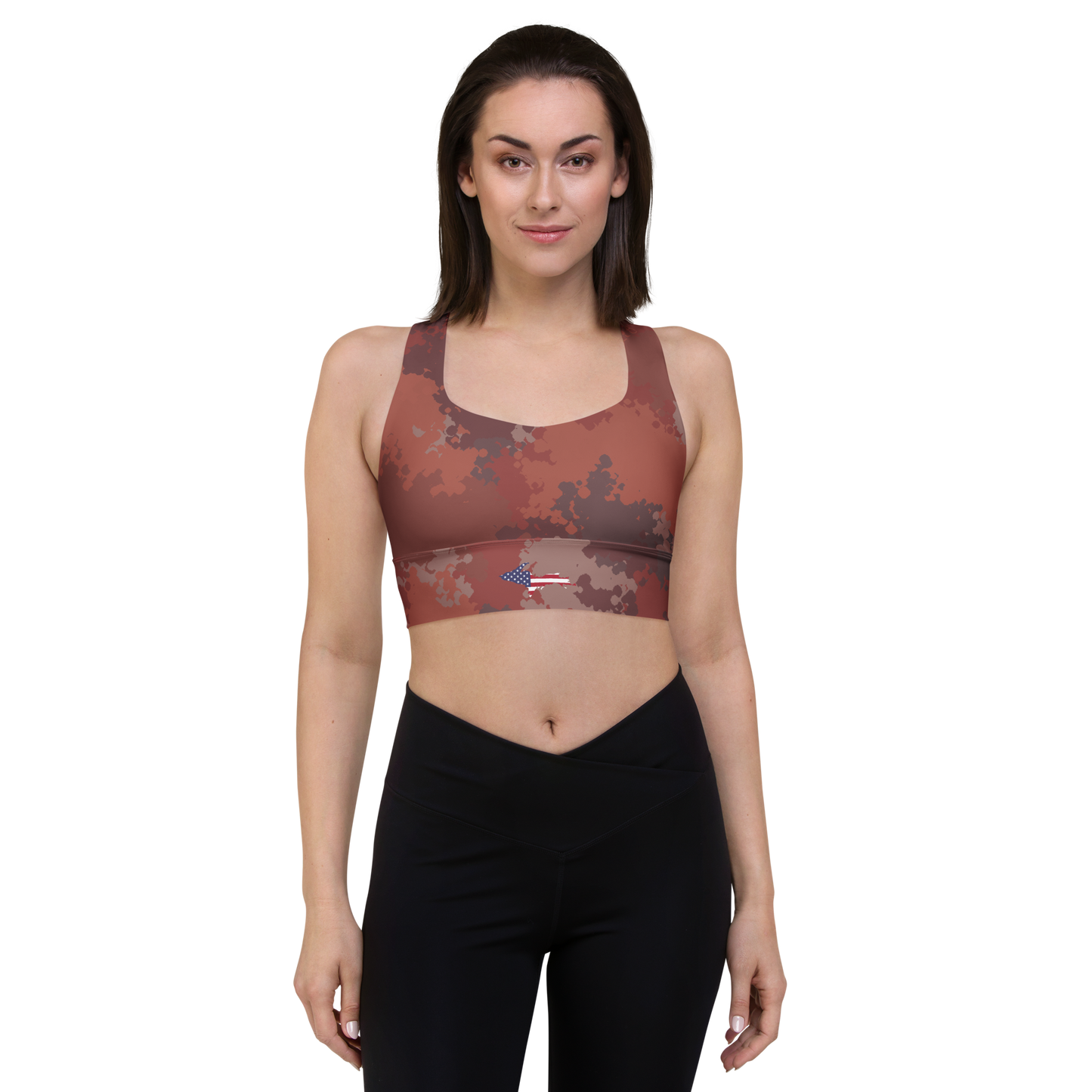 Michigan Upper Peninsula Longline Sports Bra (w/ UP USA Flag) | Ore Dock Camo