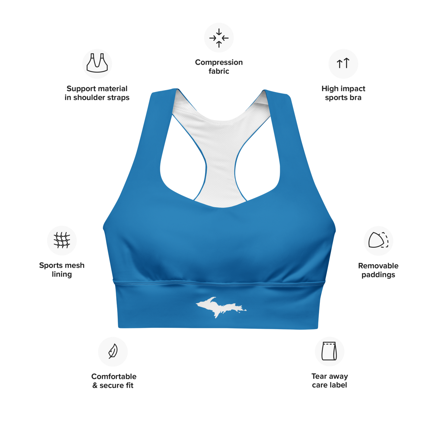 Michigan Upper Peninsula Longline Sports Bra (w/ UP Outline) | Azure