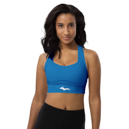 Michigan Upper Peninsula Longline Sports Bra (w/ UP Outline) | Azure