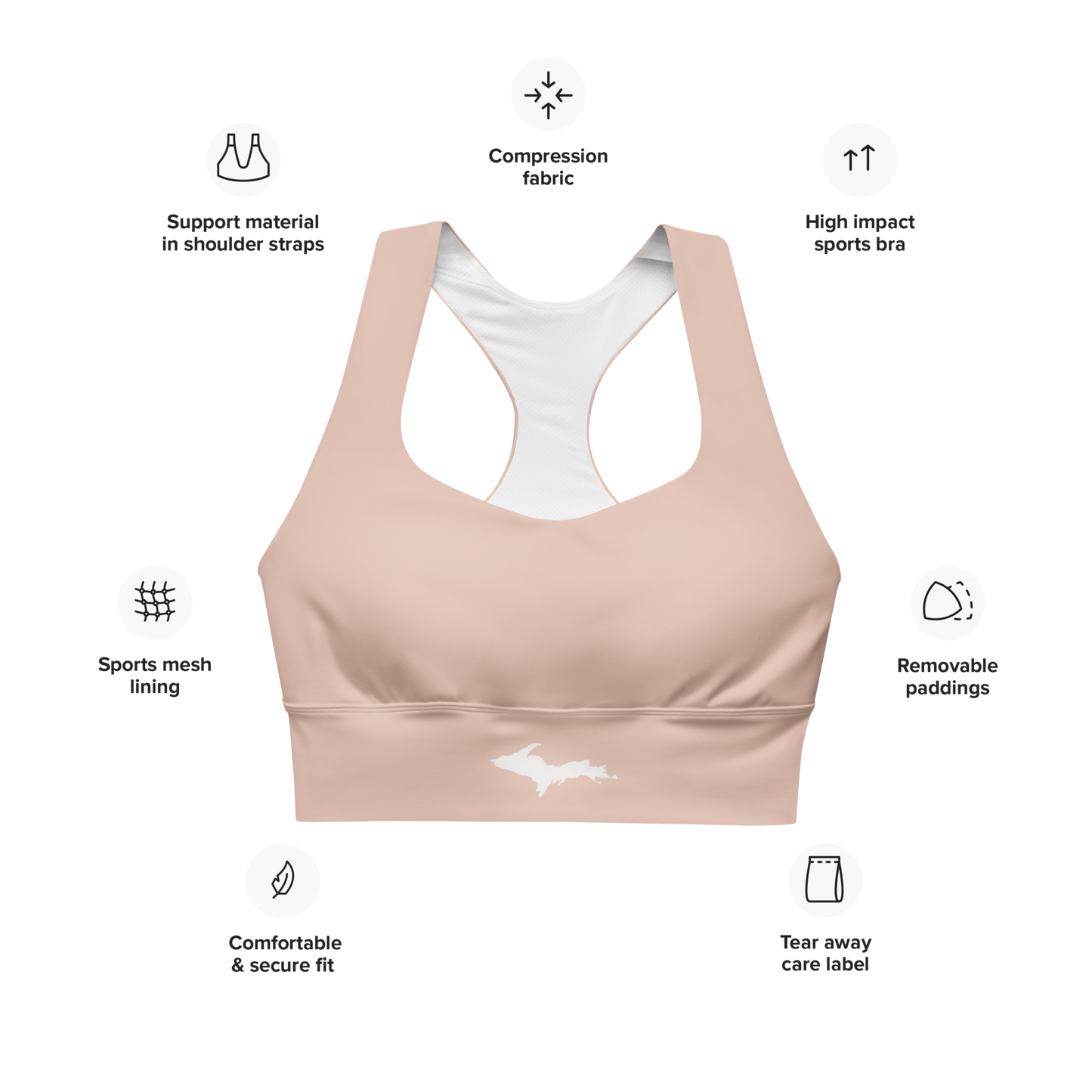 Michigan Upper Peninsula Longline Sports Bra (w/ UP Outline) | Rose Gold