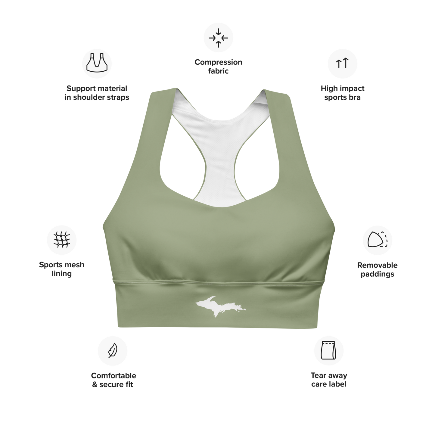 Michigan Upper Peninsula Longline Sports Bra (w/ UP Outline) | Beachgrass Green