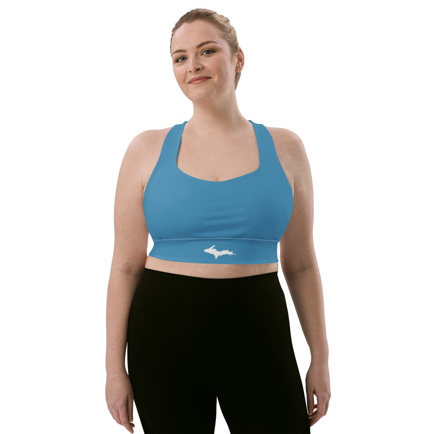 Michigan Upper Peninsula Longline Sports Bra (w/ UP Outline) | Lake Michigan Blue