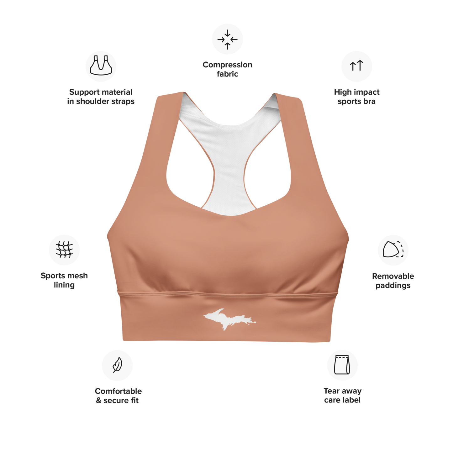 Michigan Upper Peninsula Longline Sports Bra (w/ UP Outline) | Copper Color