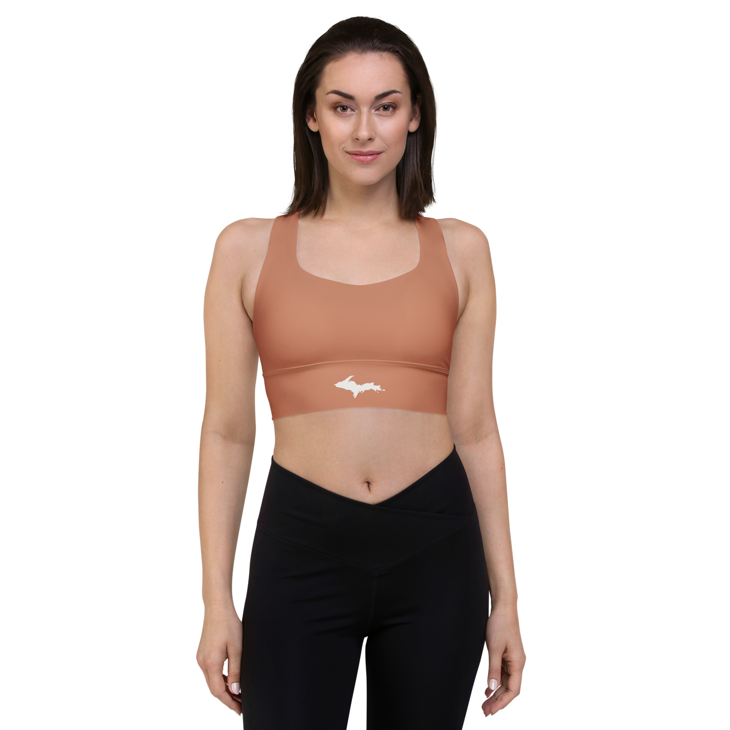 Michigan Upper Peninsula Longline Sports Bra (w/ UP Outline) | Copper Color