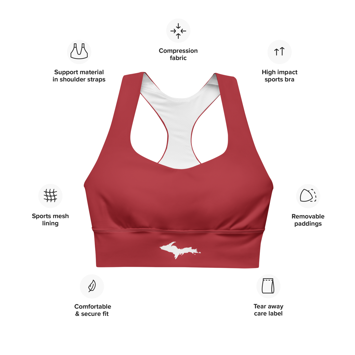 Michigan Upper Peninsula Longline Sports Bra (w/ UP Outline) | Thimbleberry Red