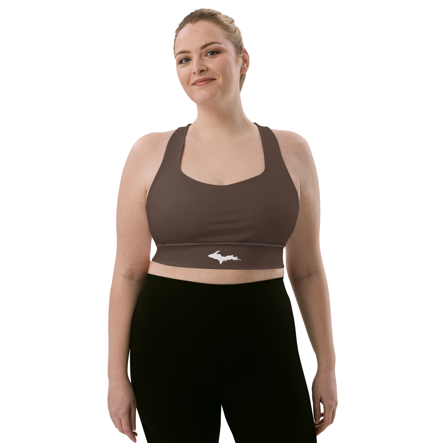 Michigan Upper Peninsula Longline Sports Bra (w/ UP Outline) | Hickory Color