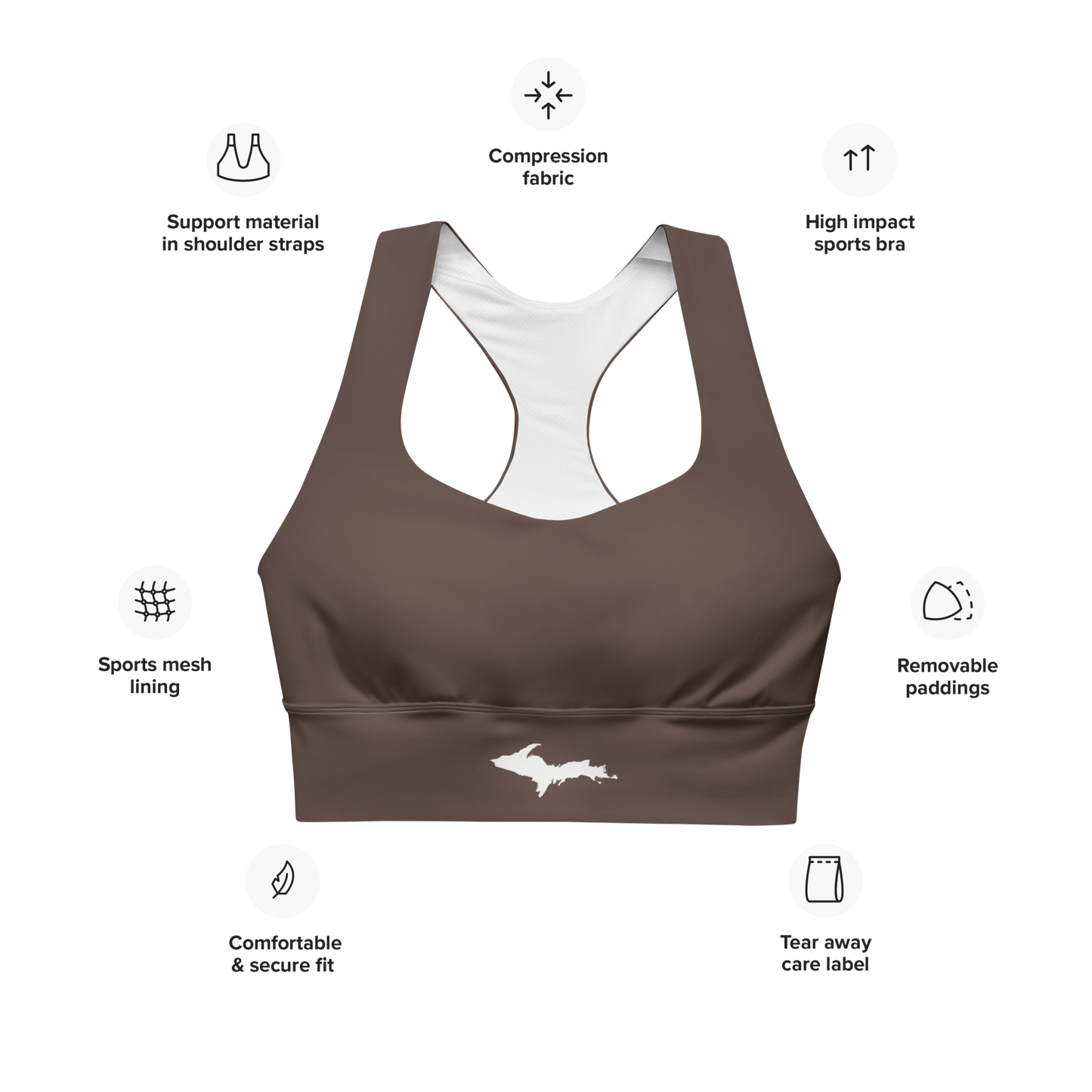 Michigan Upper Peninsula Longline Sports Bra (w/ UP Outline) | Hickory Color