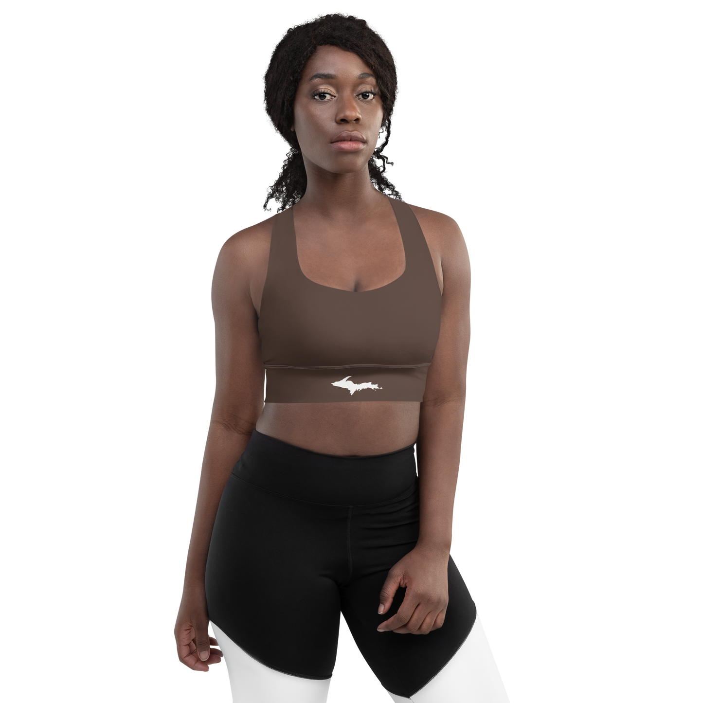 Michigan Upper Peninsula Longline Sports Bra (w/ UP Outline) | Hickory Color