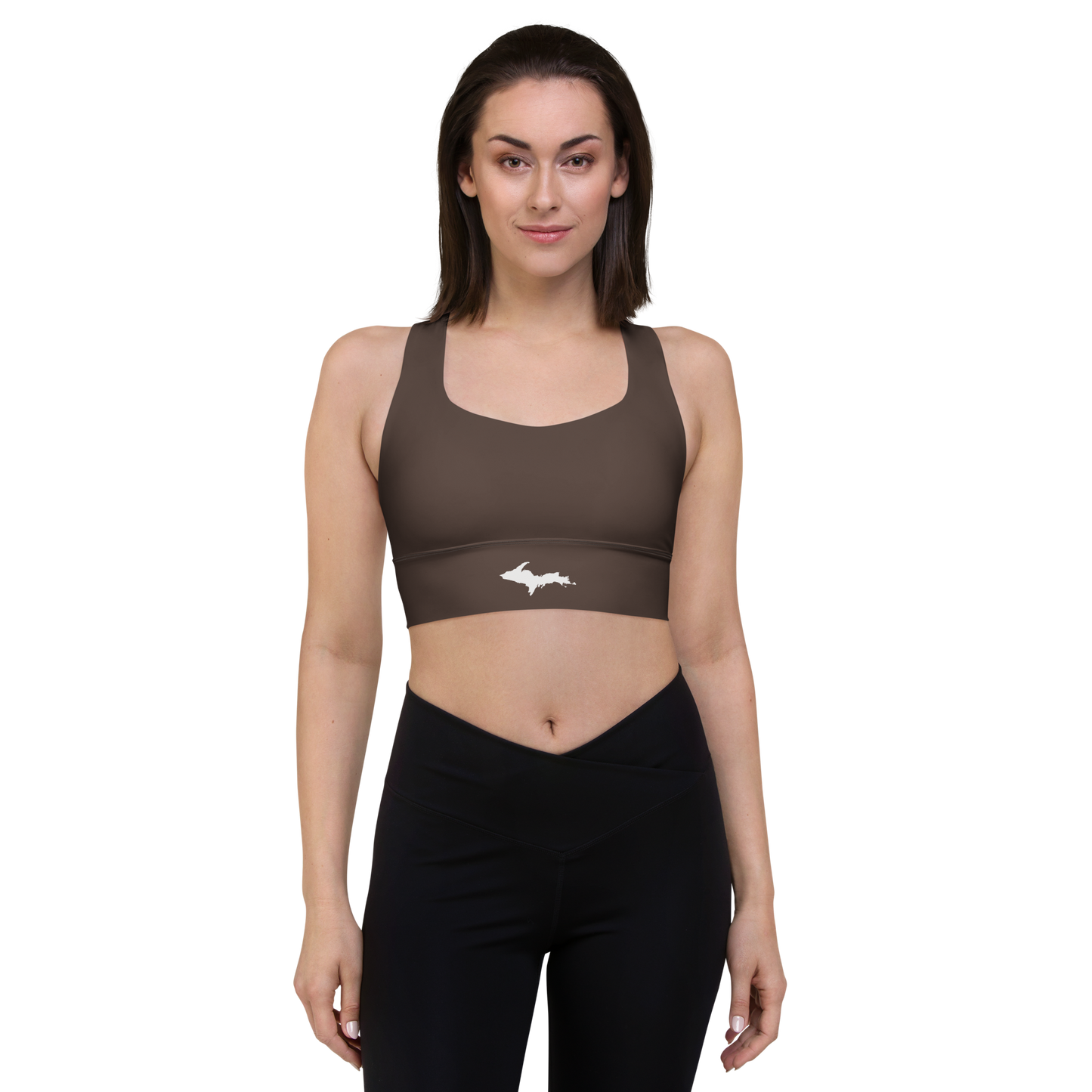 Michigan Upper Peninsula Longline Sports Bra (w/ UP Outline) | Hickory Color