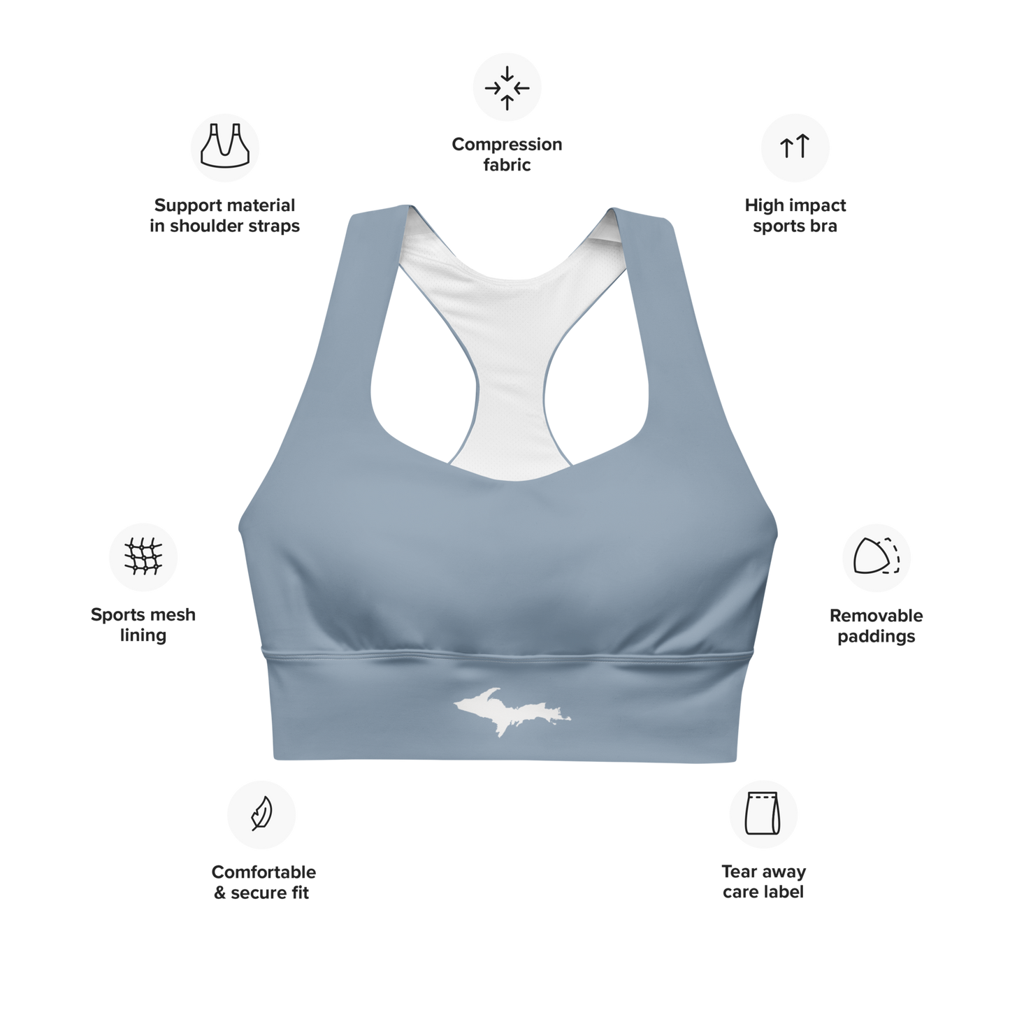 Michigan Upper Peninsula Longline Sports Bra (w/ UP Outline) | B-24 Grey