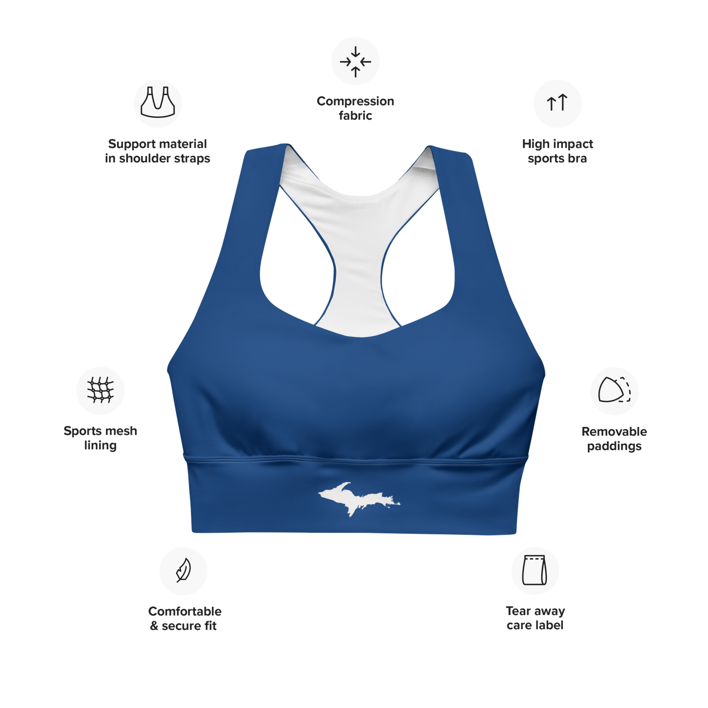 Michigan Upper Peninsula Longline Sports Bra (w/ UP Outline) | Dearborn Blue