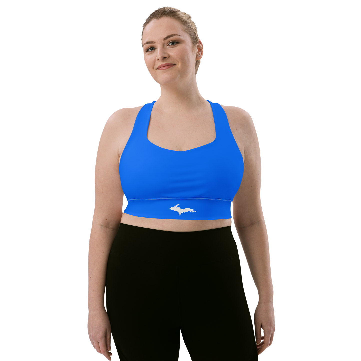 Michigan Upper Peninsula Longline Sports Bra (w/ UP Outline) | Motor Town Blue