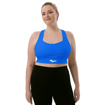 Michigan Upper Peninsula Longline Sports Bra (w/ UP Outline) | Motor Town Blue