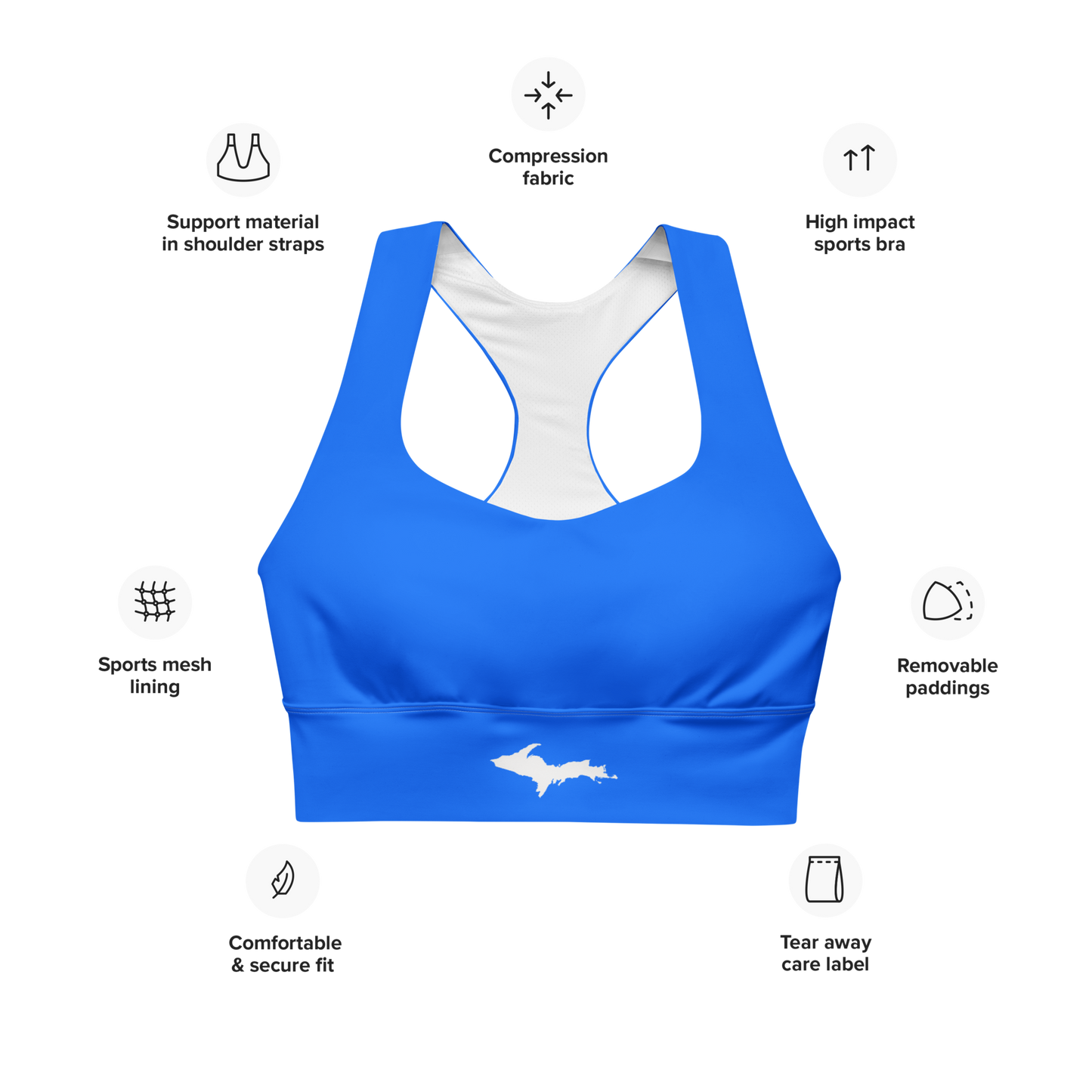 Michigan Upper Peninsula Longline Sports Bra (w/ UP Outline) | Motor Town Blue