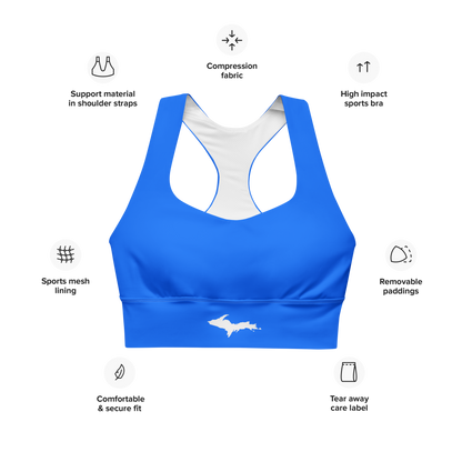 Michigan Upper Peninsula Longline Sports Bra (w/ UP Outline) | Motor Town Blue