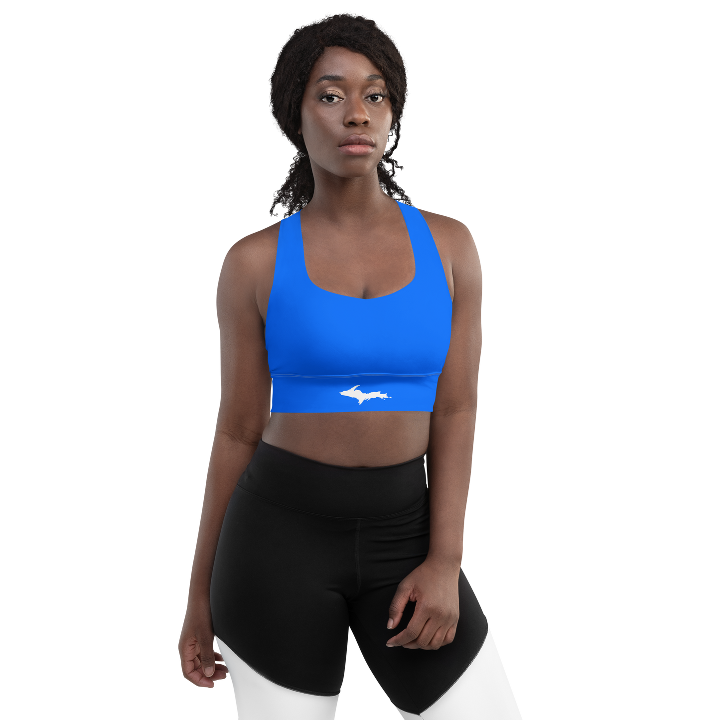 Michigan Upper Peninsula Longline Sports Bra (w/ UP Outline) | Motor Town Blue