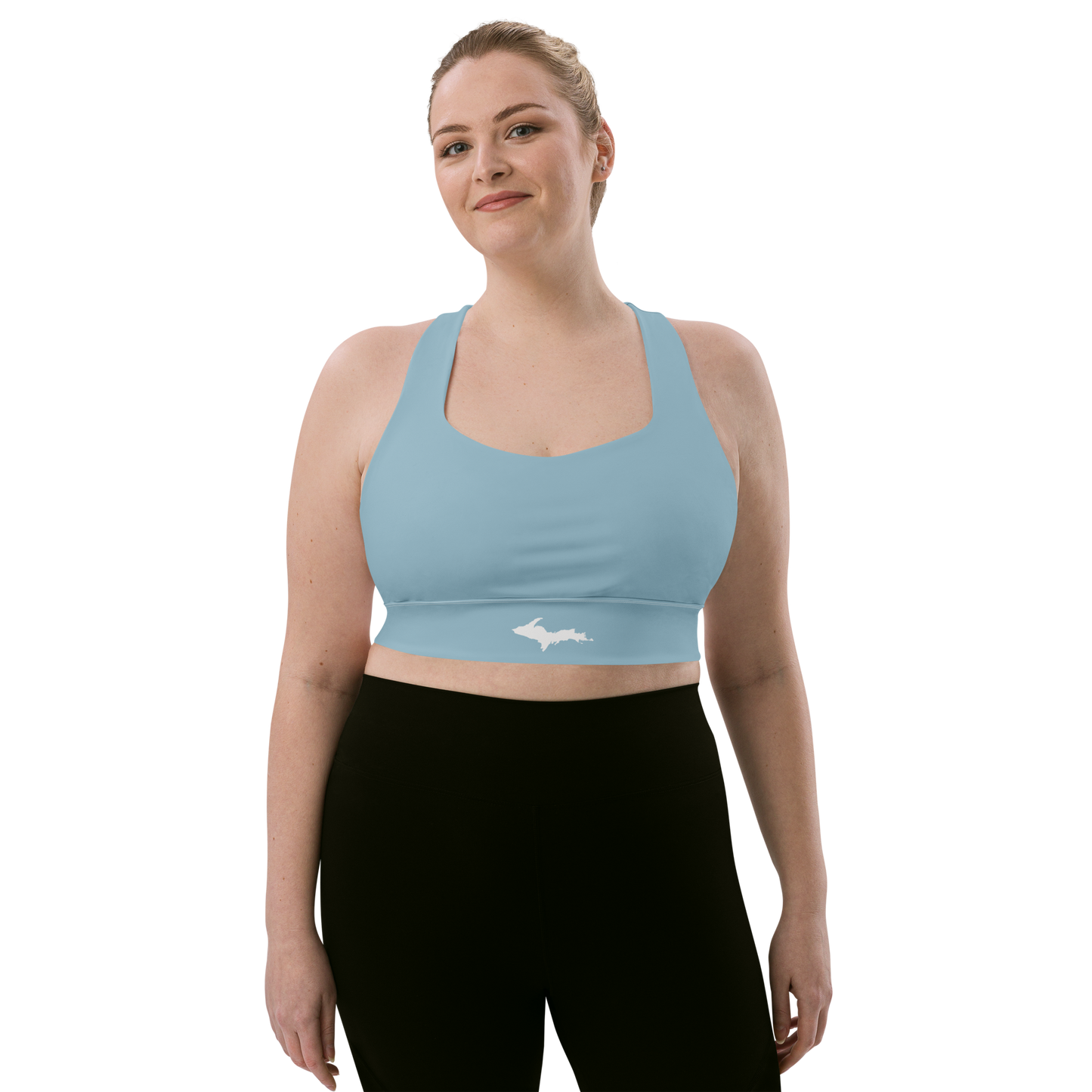 Michigan Upper Peninsula Longline Sports Bra (w/ UP Outline) | Opal Blue