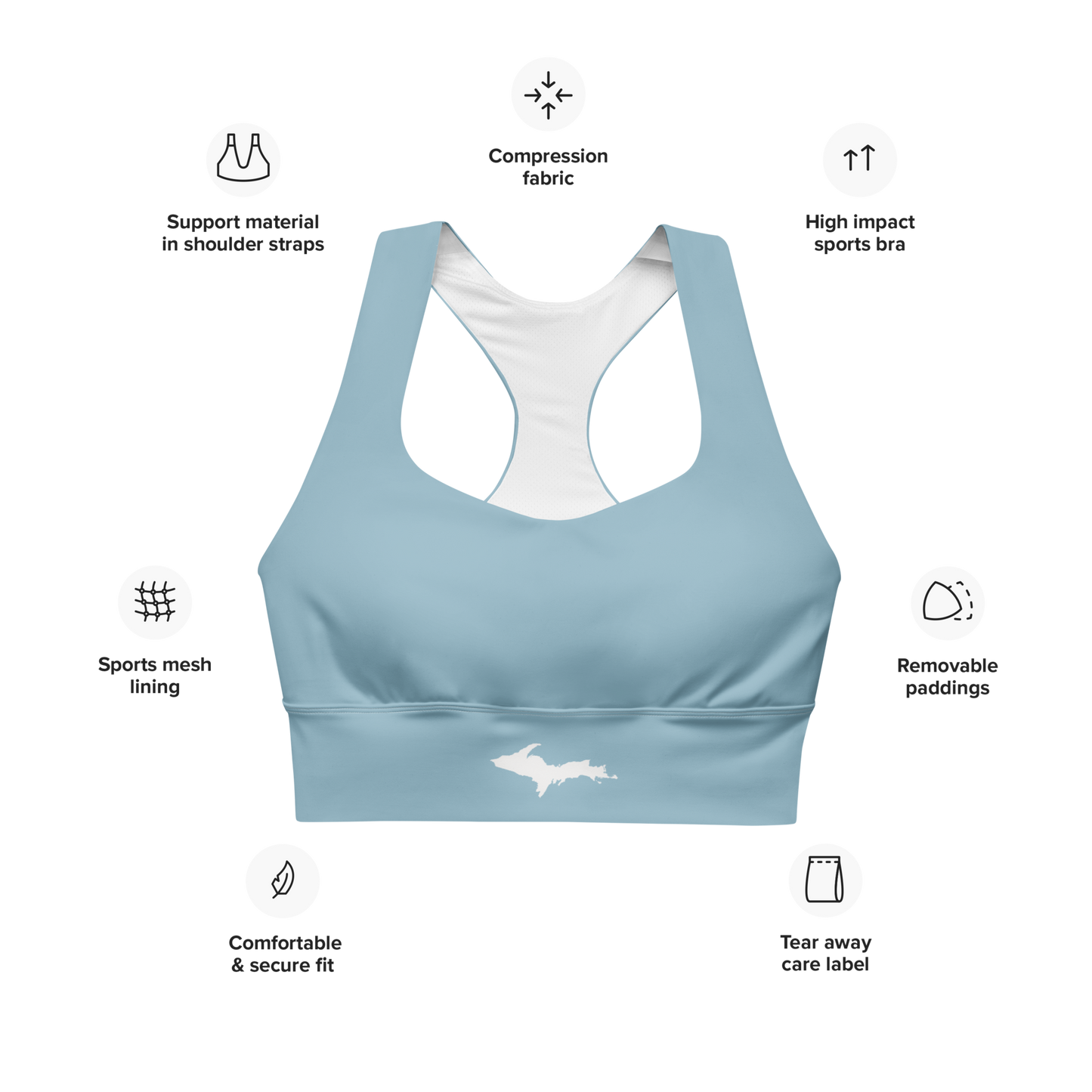 Michigan Upper Peninsula Longline Sports Bra (w/ UP Outline) | Opal Blue