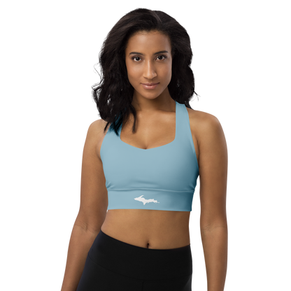 Michigan Upper Peninsula Longline Sports Bra (w/ UP Outline) | Opal Blue