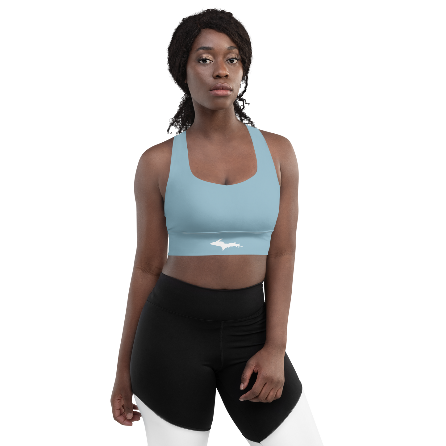 Michigan Upper Peninsula Longline Sports Bra (w/ UP Outline) | Opal Blue