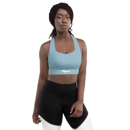 Michigan Upper Peninsula Longline Sports Bra (w/ UP Outline) | Opal Blue