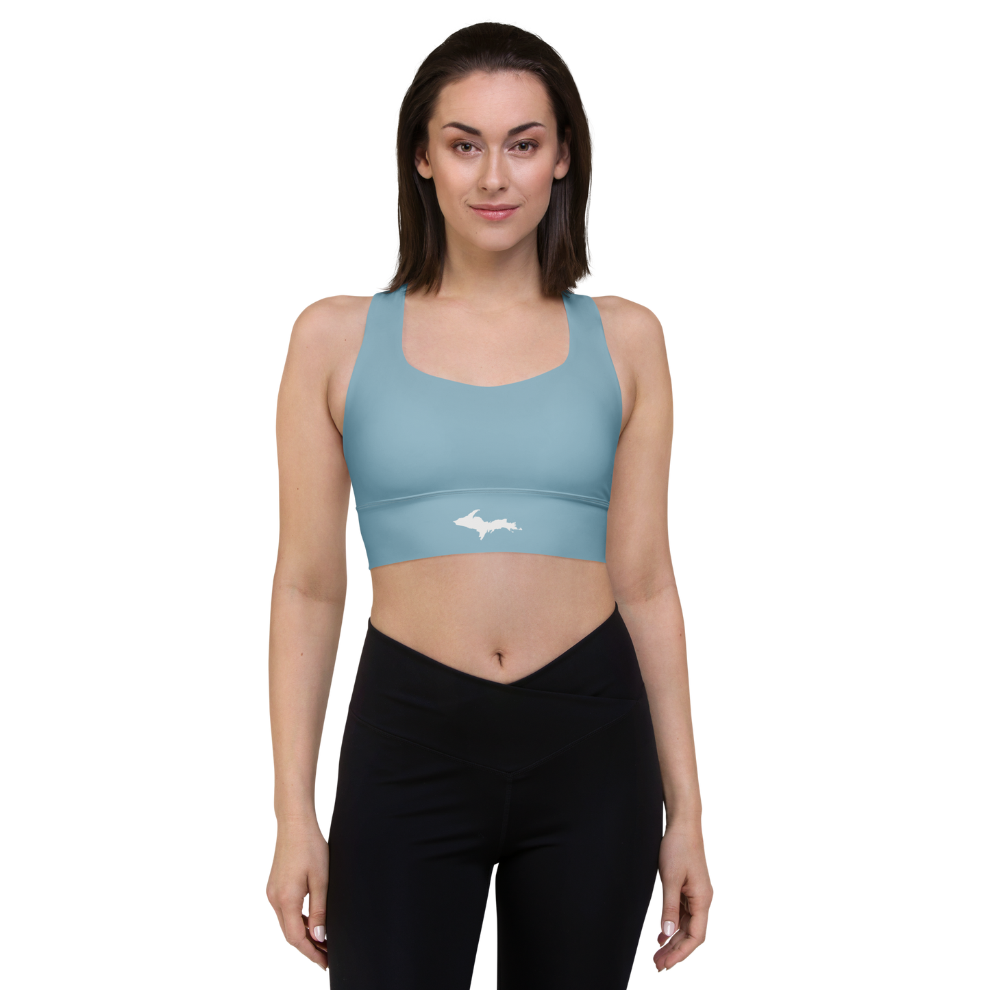 Michigan Upper Peninsula Longline Sports Bra (w/ UP Outline) | Opal Blue