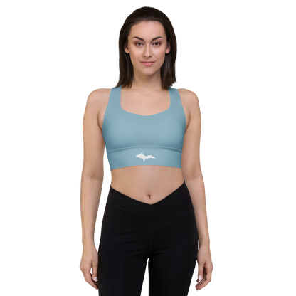 Michigan Upper Peninsula Longline Sports Bra (w/ UP Outline) | Opal Blue