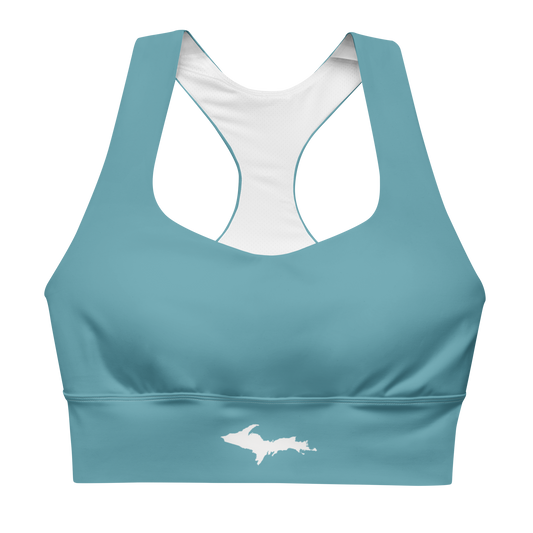 Michigan Upper Peninsula Longline Sports Bra (w/ UP Outline) | Lake Huron Blue