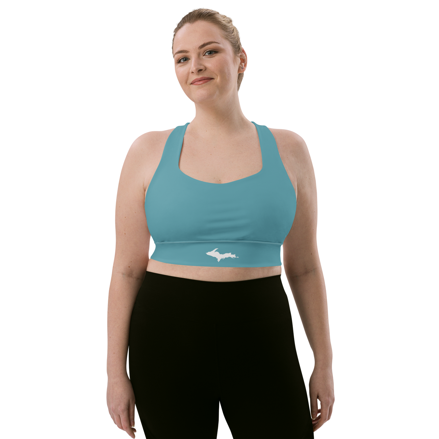 Michigan Upper Peninsula Longline Sports Bra (w/ UP Outline) | Lake Huron Blue