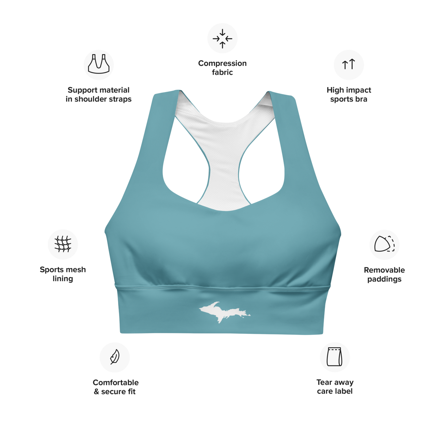 Michigan Upper Peninsula Longline Sports Bra (w/ UP Outline) | Lake Huron Blue