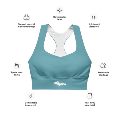 Michigan Upper Peninsula Longline Sports Bra (w/ UP Outline) | Lake Huron Blue