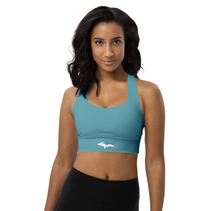 Michigan Upper Peninsula Longline Sports Bra (w/ UP Outline) | Lake Huron Blue