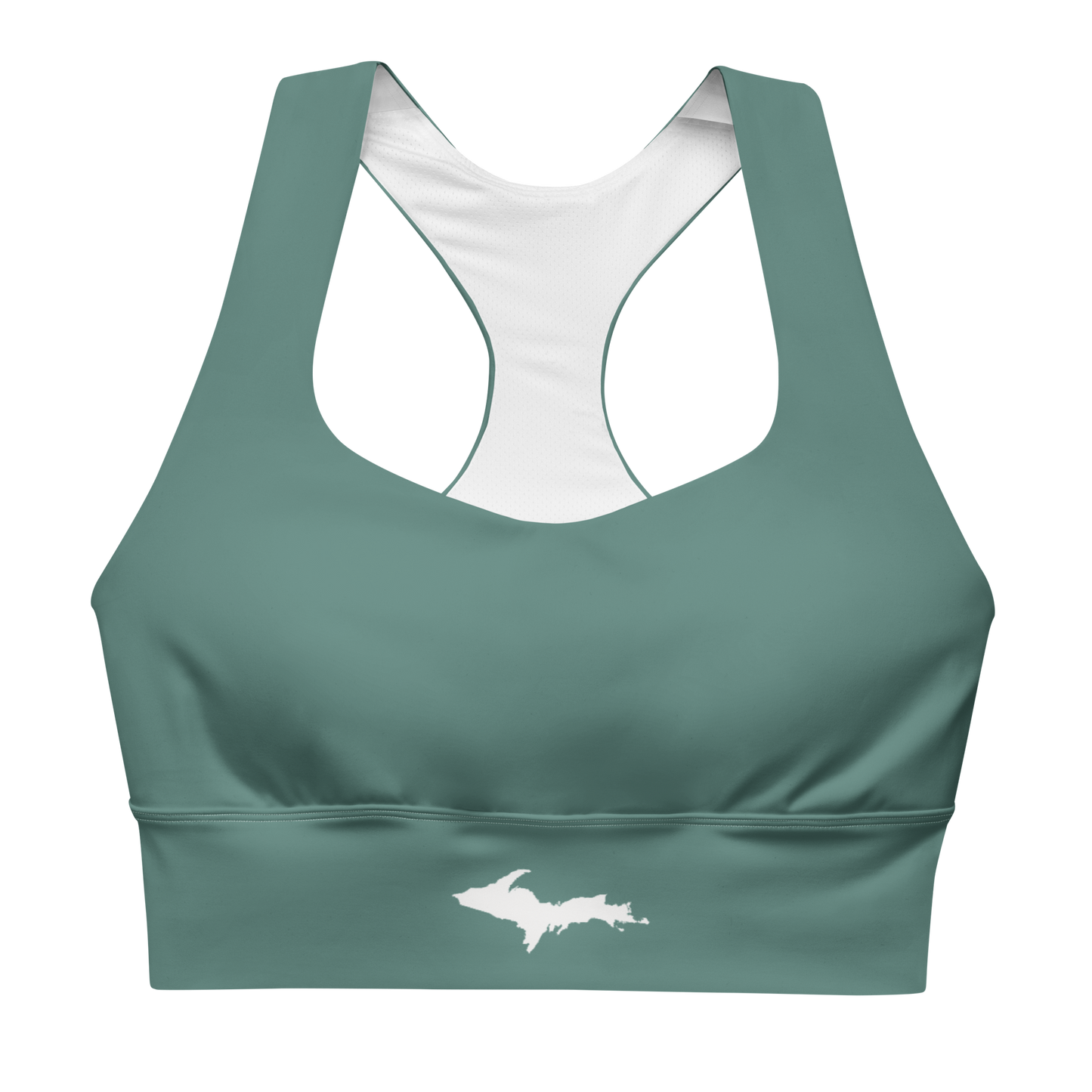 Michigan Upper Peninsula Longline Sports Bra (w/ UP Outline) | Copper Green