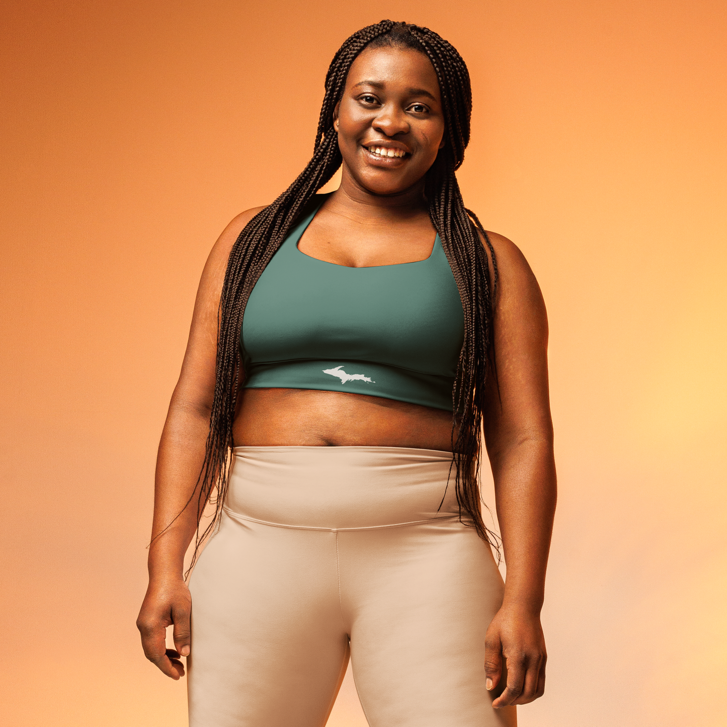 Michigan Upper Peninsula Longline Sports Bra (w/ UP Outline) | Copper Green