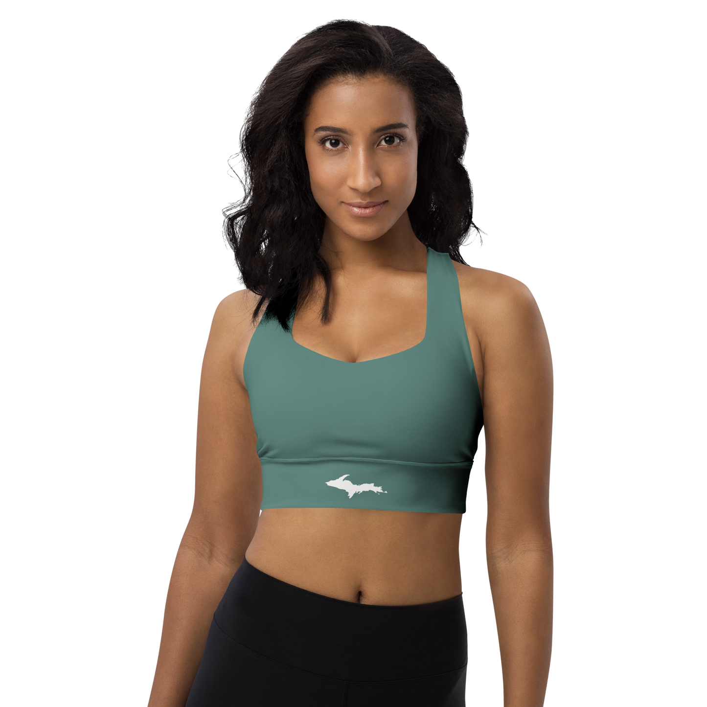 Michigan Upper Peninsula Longline Sports Bra (w/ UP Outline) | Copper Green