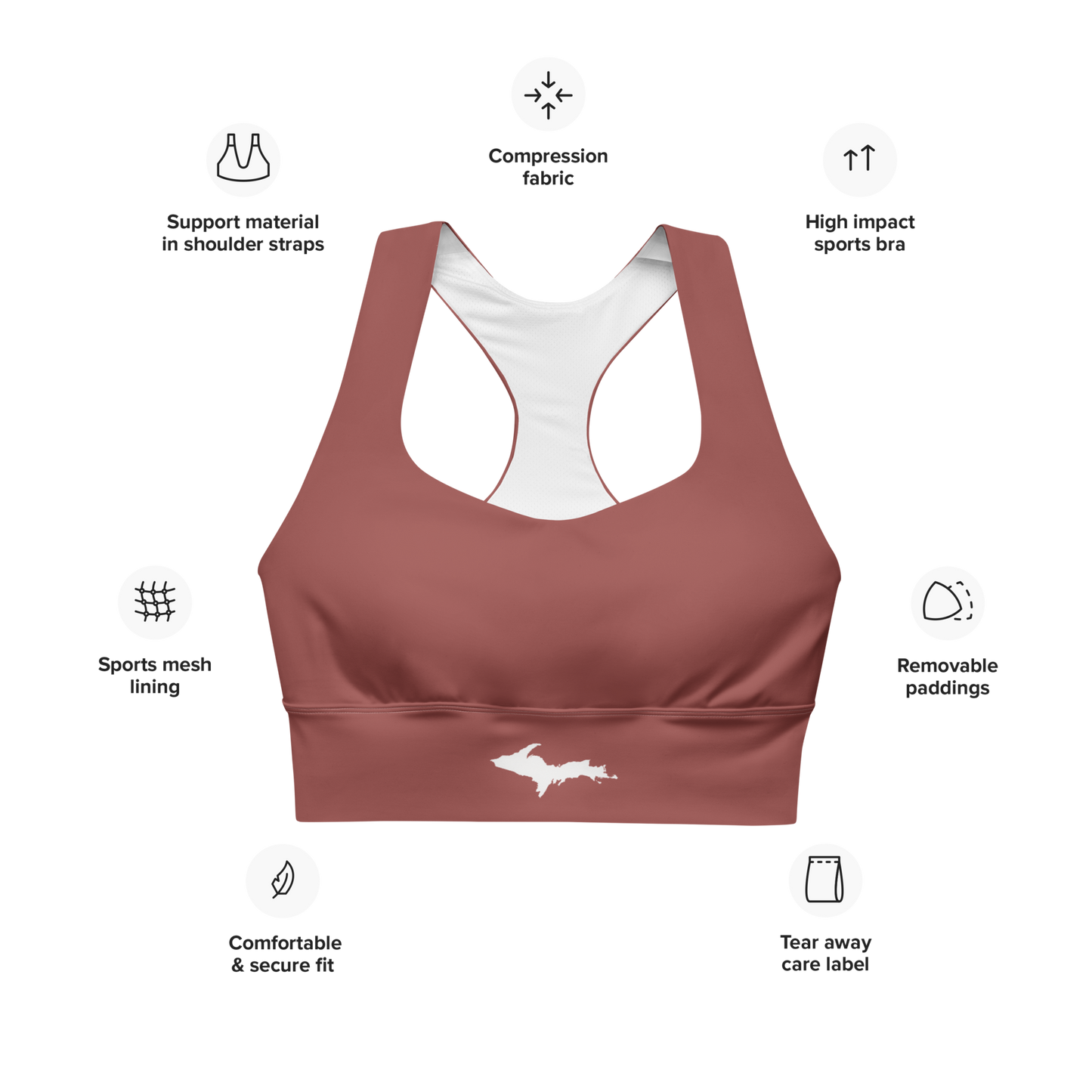 Michigan Upper Peninsula Longline Sports Bra (w/ UP Outline) | Ore Dock Red