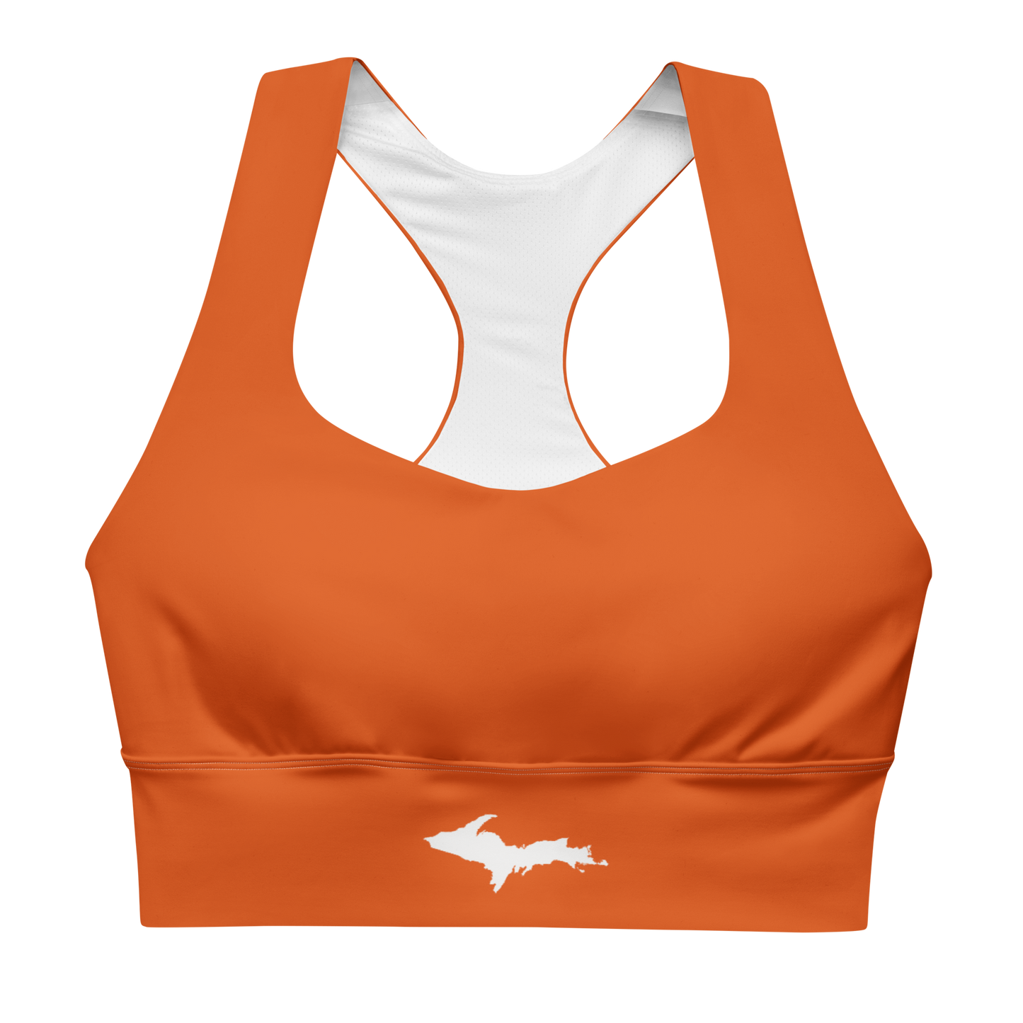 Michigan Upper Peninsula Longline Sports Bra (w/ UP Outline) | Maple Leaf Orange