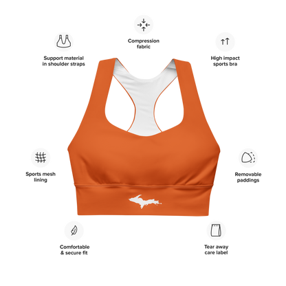 Michigan Upper Peninsula Longline Sports Bra (w/ UP Outline) | Maple Leaf Orange