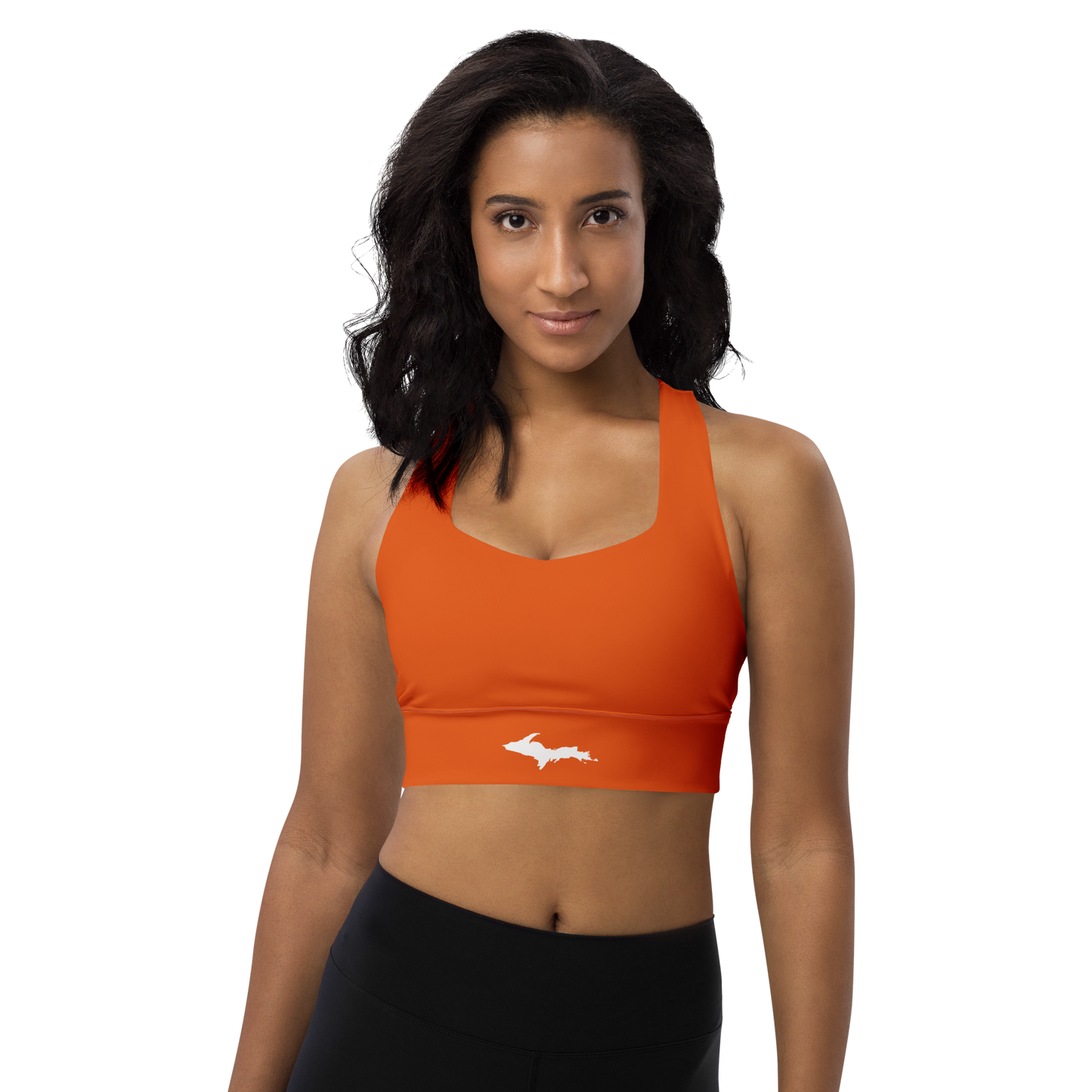 Michigan Upper Peninsula Longline Sports Bra (w/ UP Outline) | Maple Leaf Orange