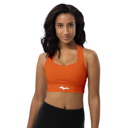 Michigan Upper Peninsula Longline Sports Bra (w/ UP Outline) | Maple Leaf Orange