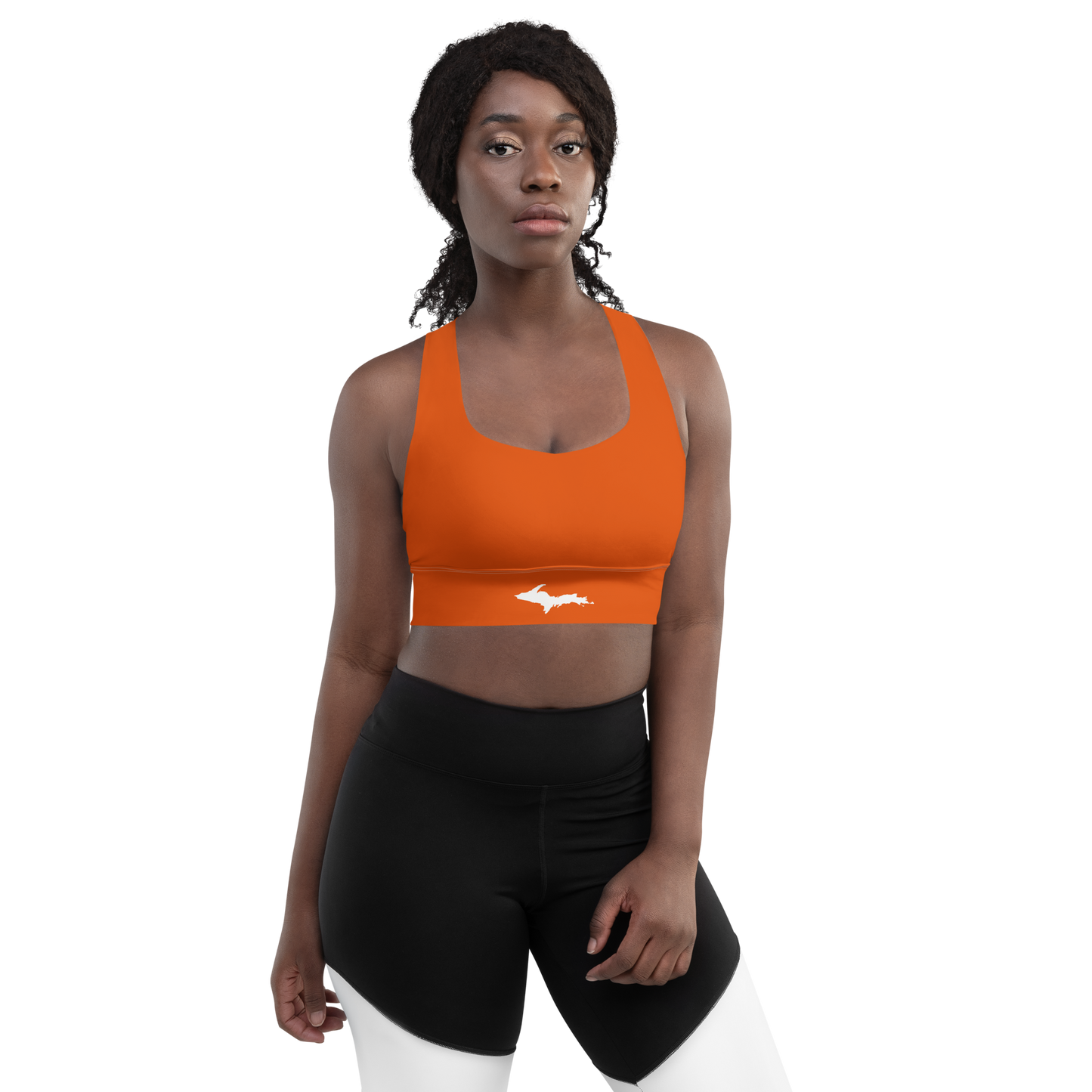 Michigan Upper Peninsula Longline Sports Bra (w/ UP Outline) | Maple Leaf Orange