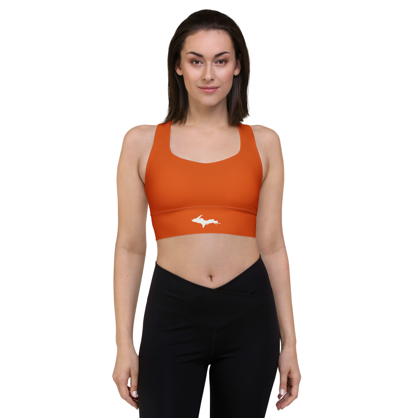 Michigan Upper Peninsula Longline Sports Bra (w/ UP Outline) | Maple Leaf Orange