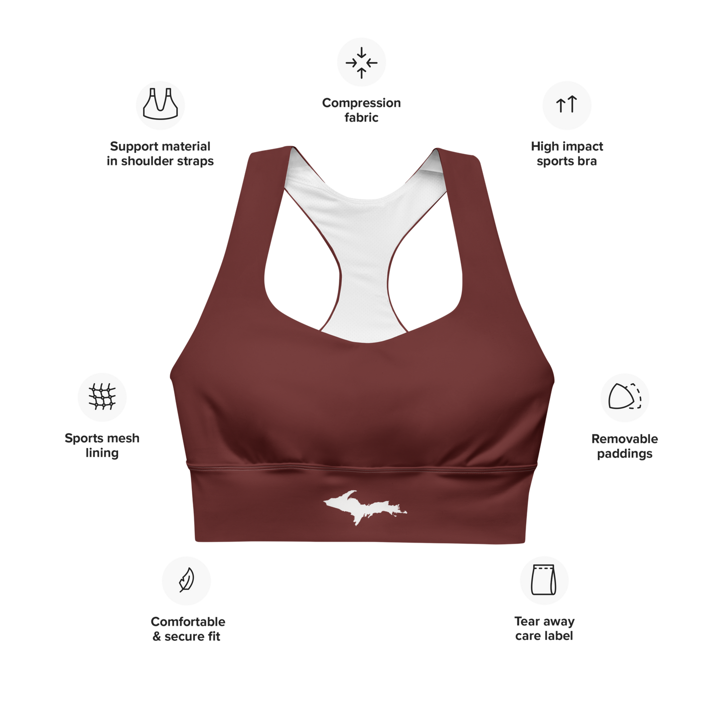 Michigan Upper Peninsula Longline Sports Bra (w/ UP Outline) | Cherrywood Color