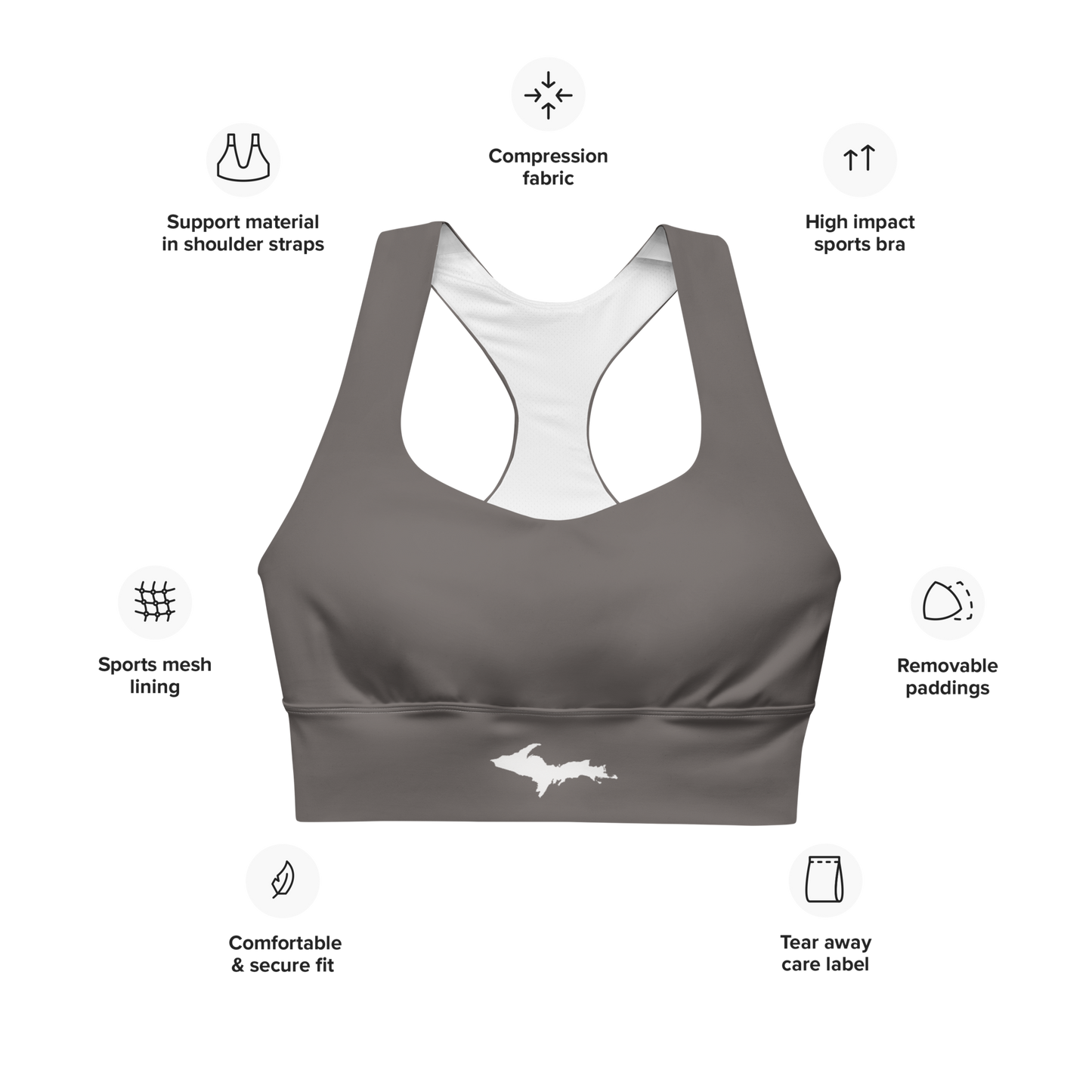 Michigan Upper Peninsula Longline Sports Bra (w/ UP Outline) | Warren Tank Grey