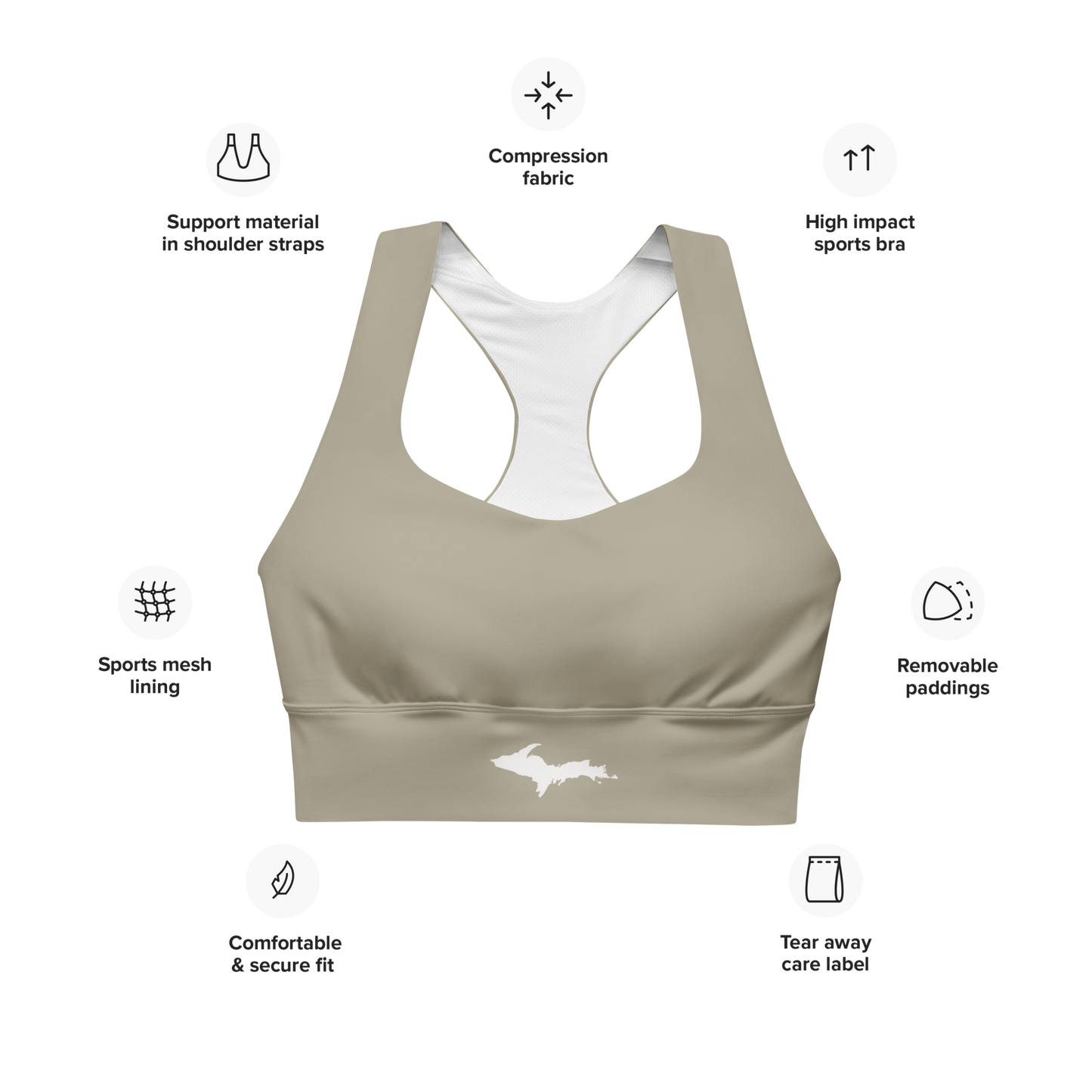 Michigan Upper Peninsula Longline Sports Bra (w/ UP Outline) | Petoskey Stone Beige