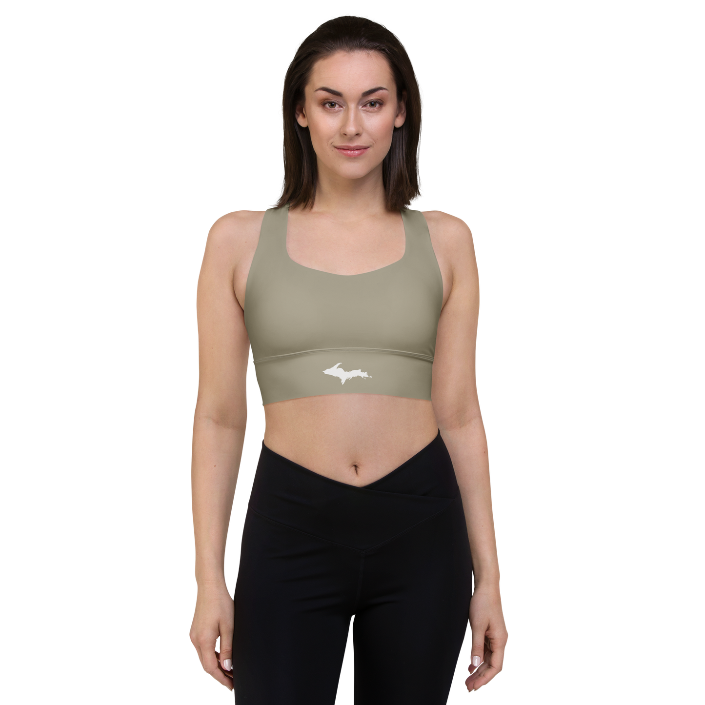 Michigan Upper Peninsula Longline Sports Bra (w/ UP Outline) | Petoskey Stone Beige