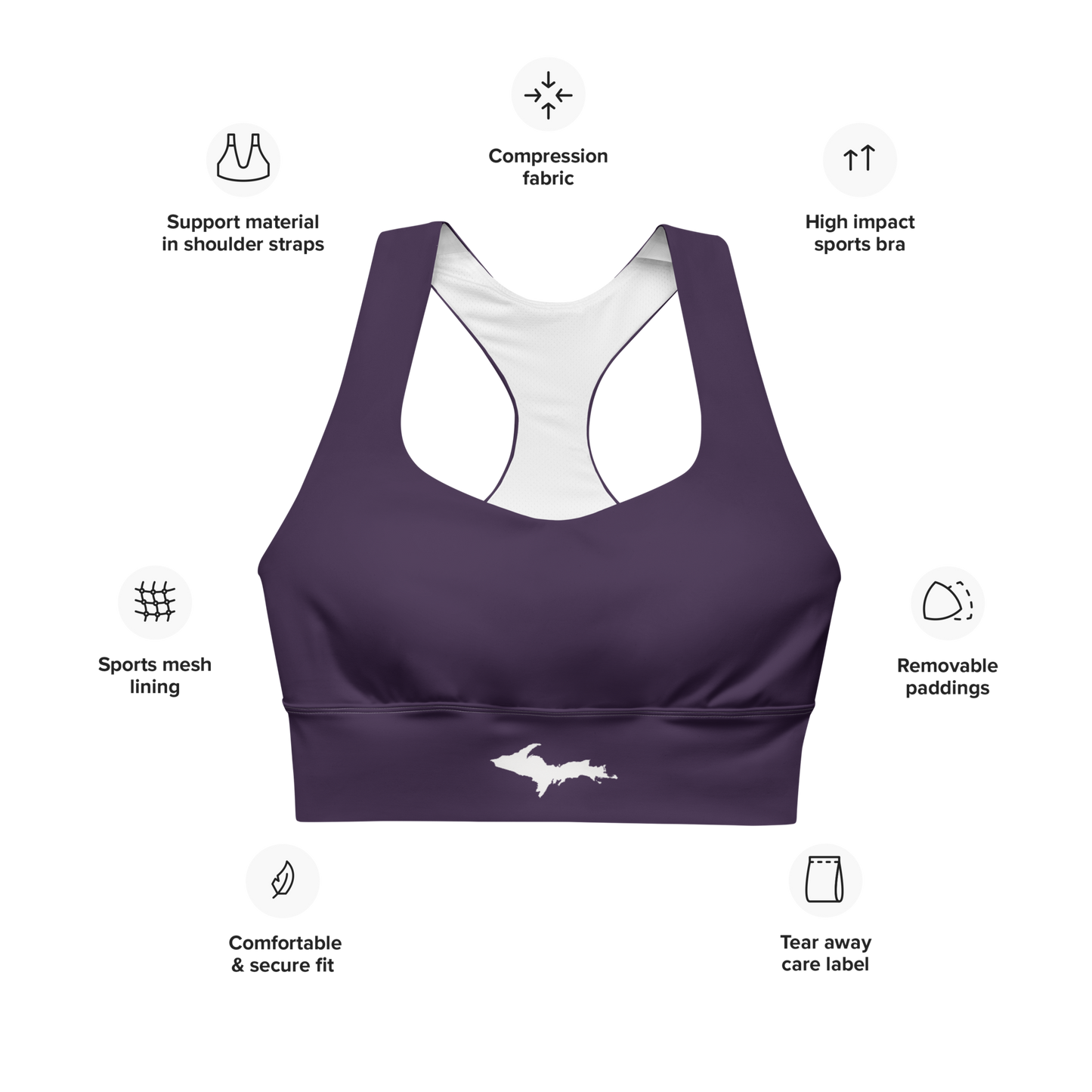 Michigan Upper Peninsula Longline Sports Bra (w/ UP Outline) | Blackcurrant