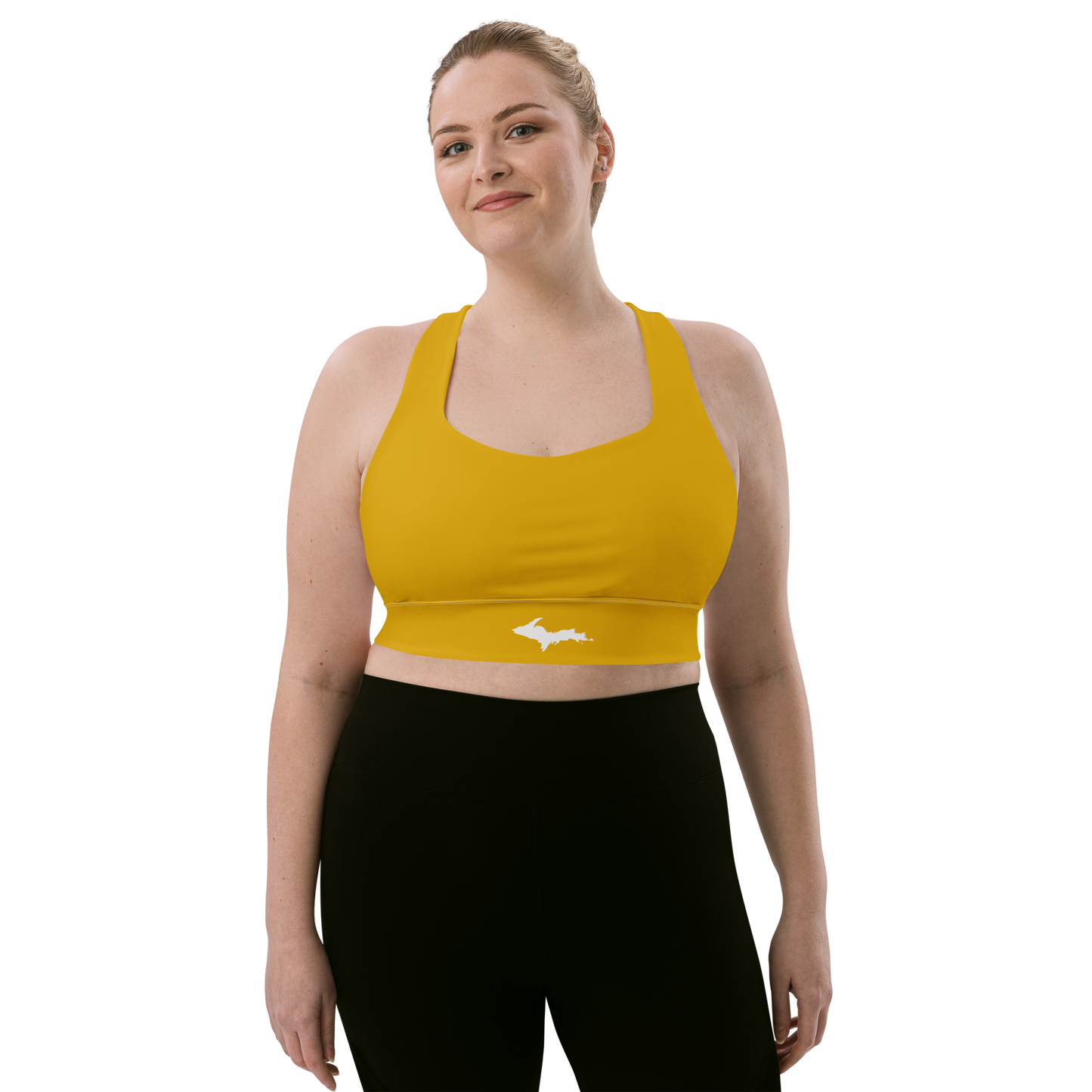 Michigan Upper Peninsula Longline Sports Bra (w/ UP Outline) | Gold