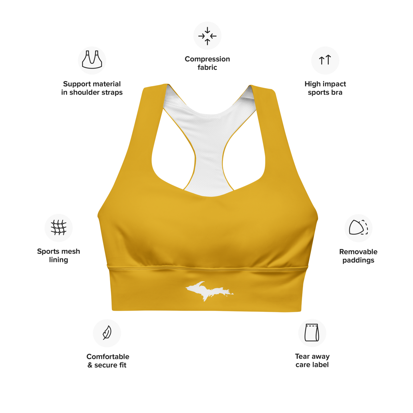 Michigan Upper Peninsula Longline Sports Bra (w/ UP Outline) | Gold